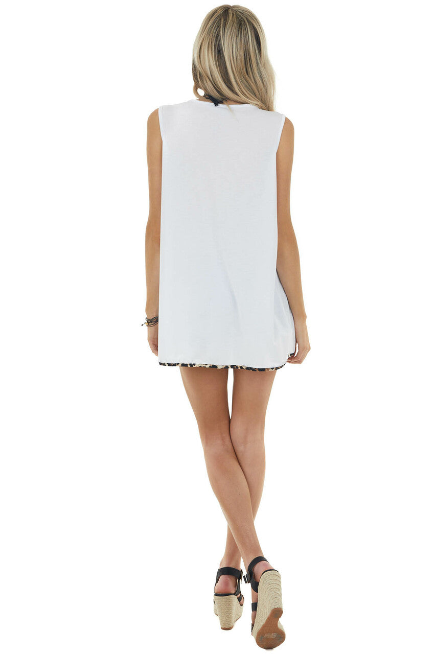 Ivory Sleeveless Stretchy Knit Top with Leopard Print Detail