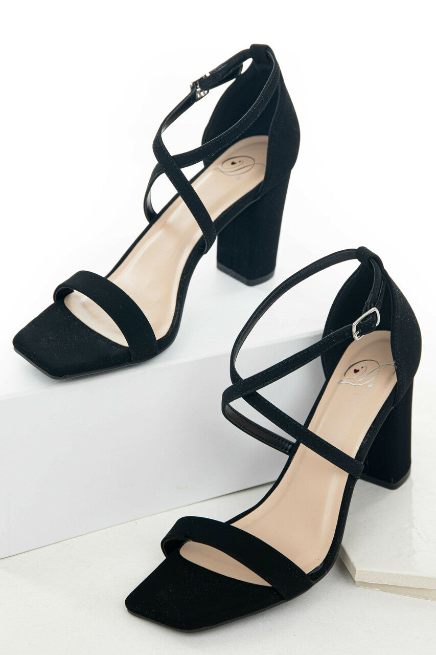Black Square Toe High Heels with Ankle Strap 