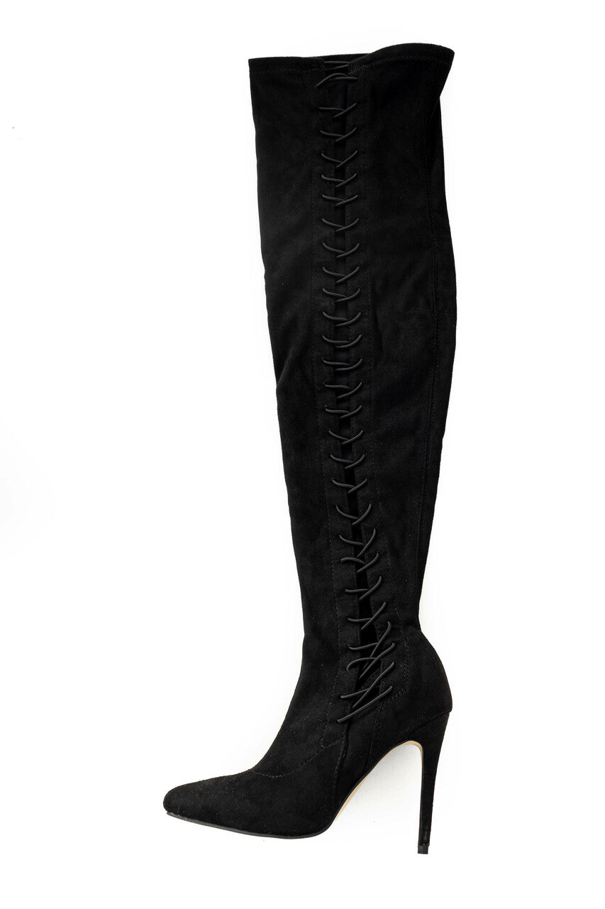 Black Lace Up Thigh High Stiletto Suede Boots