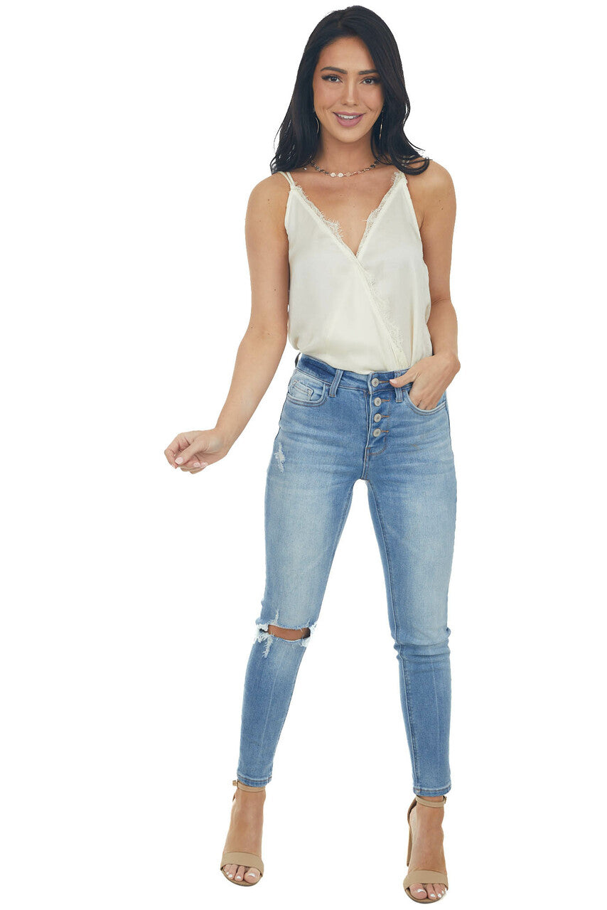 Ivory Surplice Woven Camisole Top with Lace Trim