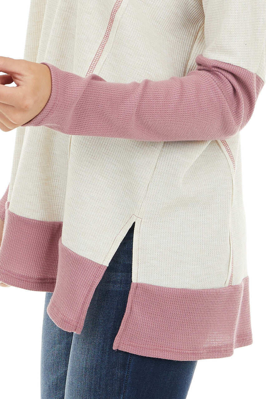 Cream and Mauve Contrast Waffle Knit V Neck Top