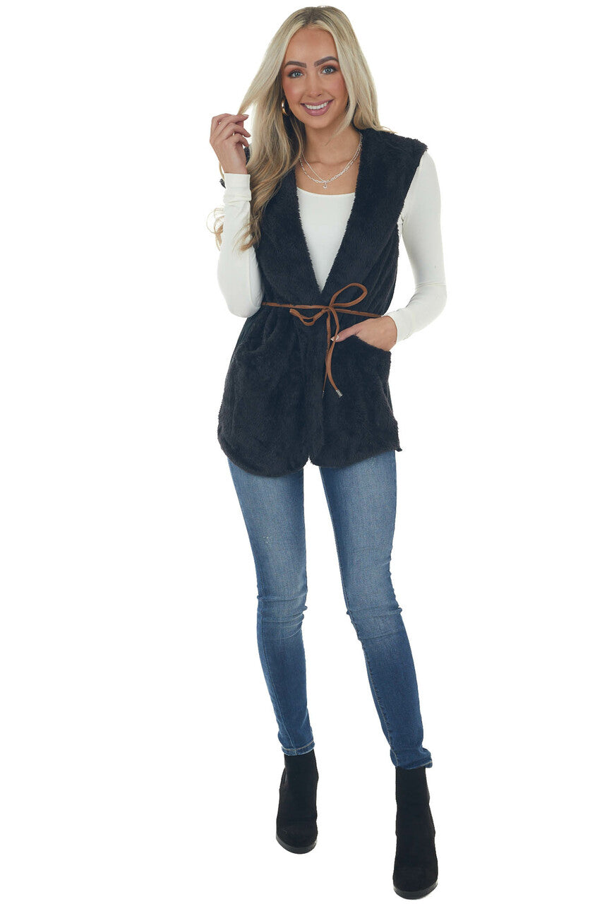 Black Faux Fur Hooded Ribbed Contrast Vest
