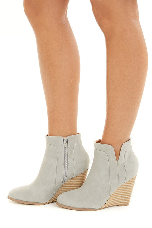 Clay Grey Faux Suede Stacked Wedge Bootie 