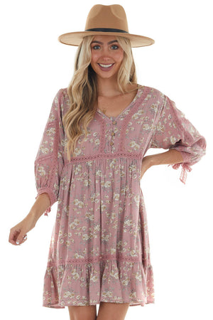 Dusty Rose Floral Print Babydoll Short Dress