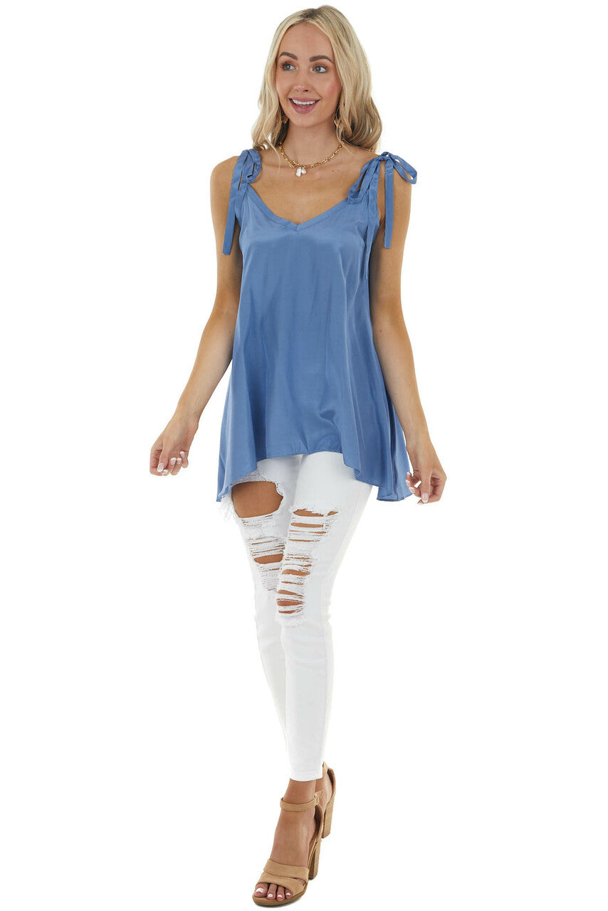  Dusty Blue Sleeveless Woven Satin Blouse with Tie Straps