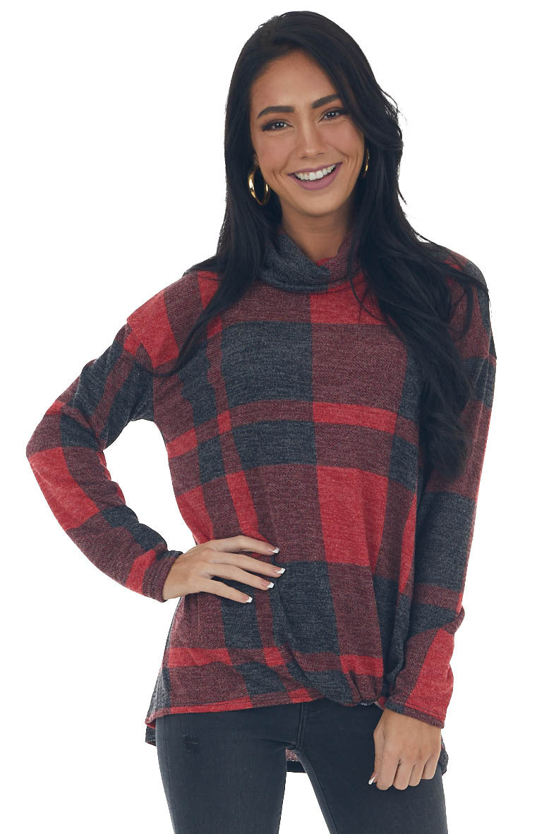 Red Plaid Long Sleeve Turtleneck Top