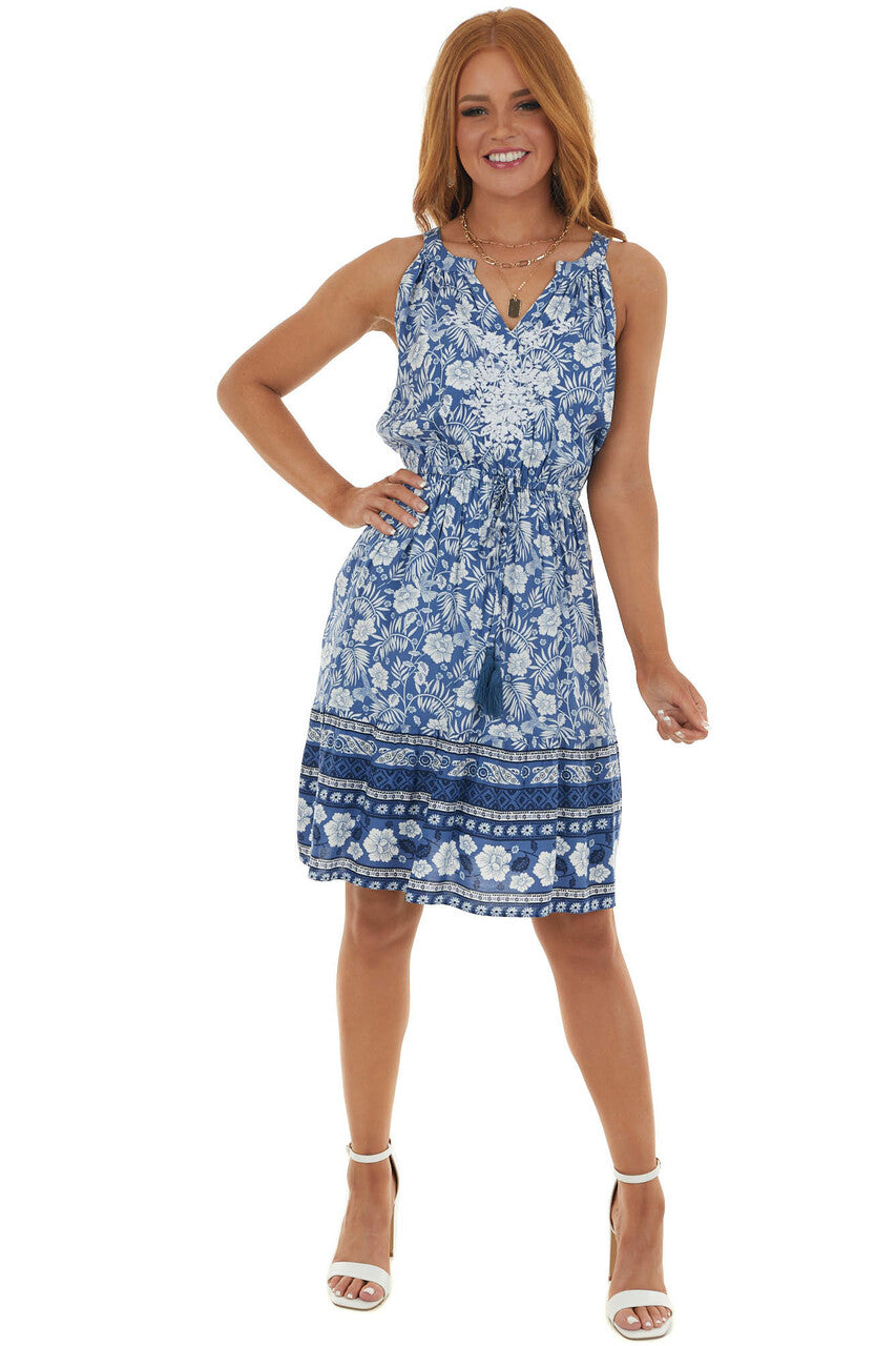 Dusty Blue Floral Print Notch Neck Short Dress