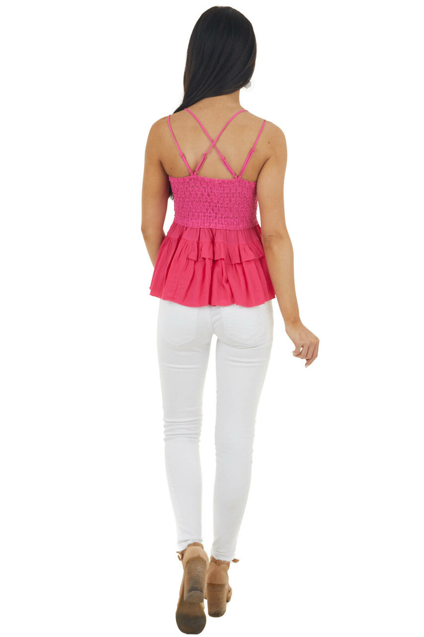 Fuchsia Lace Peplum Ruffled Tank with Criss Cross Straps