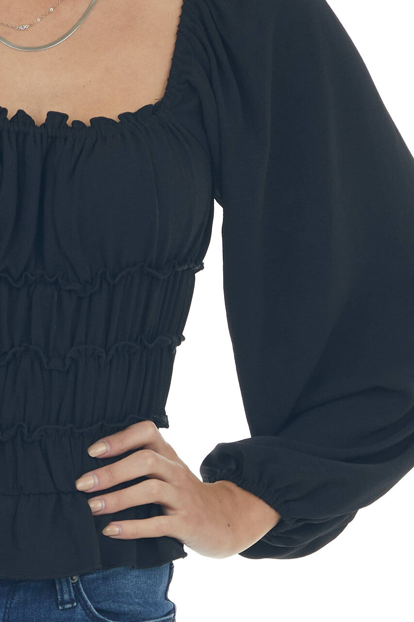 Black Smocked Frill Puff Sleeve Bodysuit