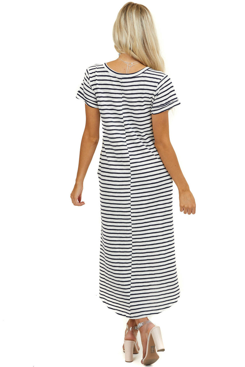 Off White and Navy Striped Dress with Side Pocket Details
