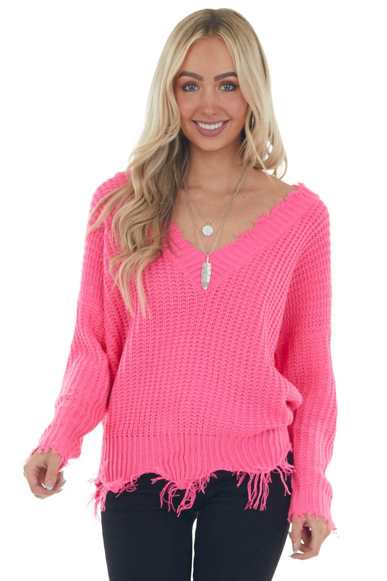 Neon Pink Distressed Trim V Neck Sweater