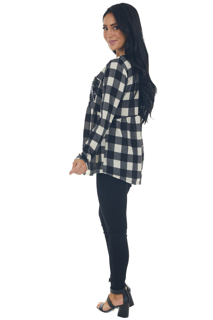 Black Buffalo Plaid Babydoll Sequin Top 