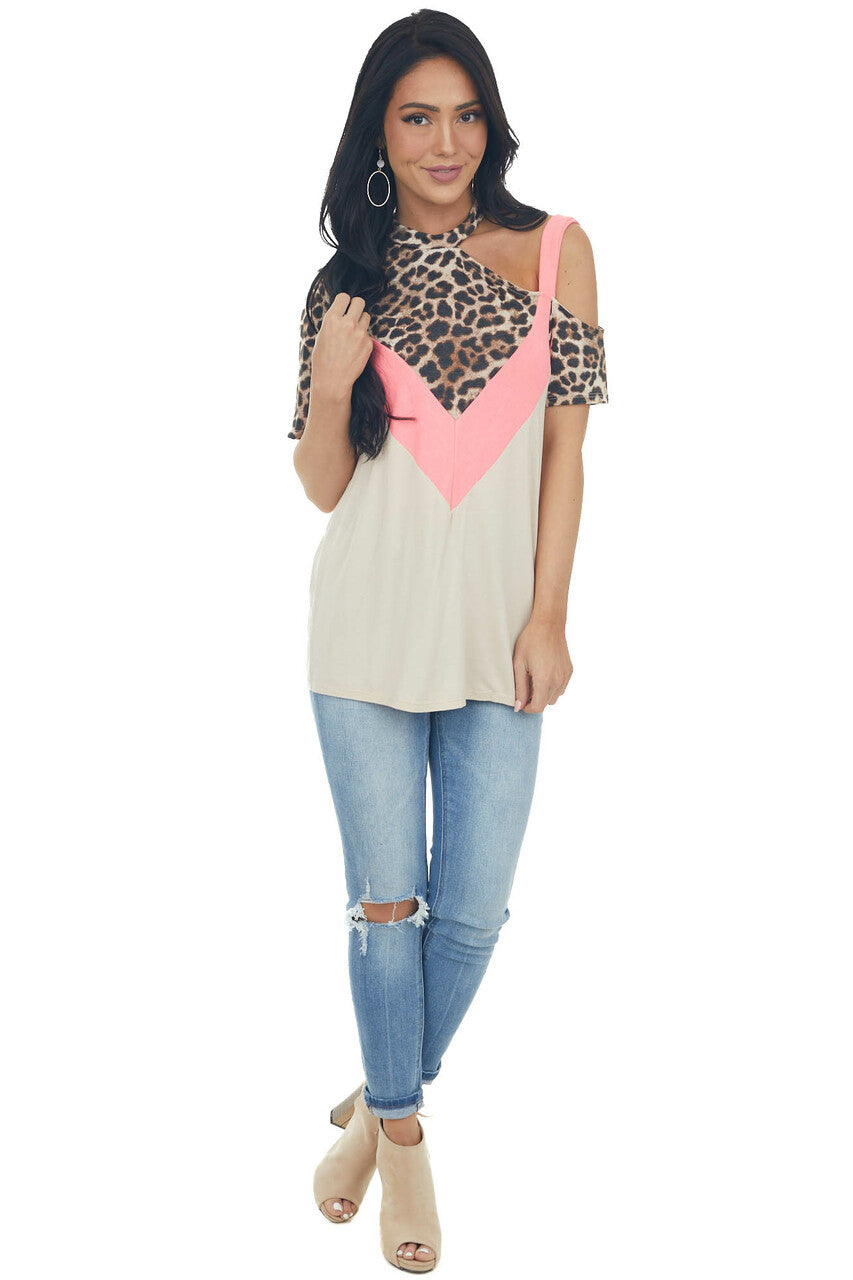 Beige and Neon Pink Leopard Print Top