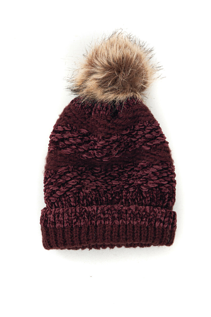 Mahogany and Rosewood Striped Pom Pom Beanie