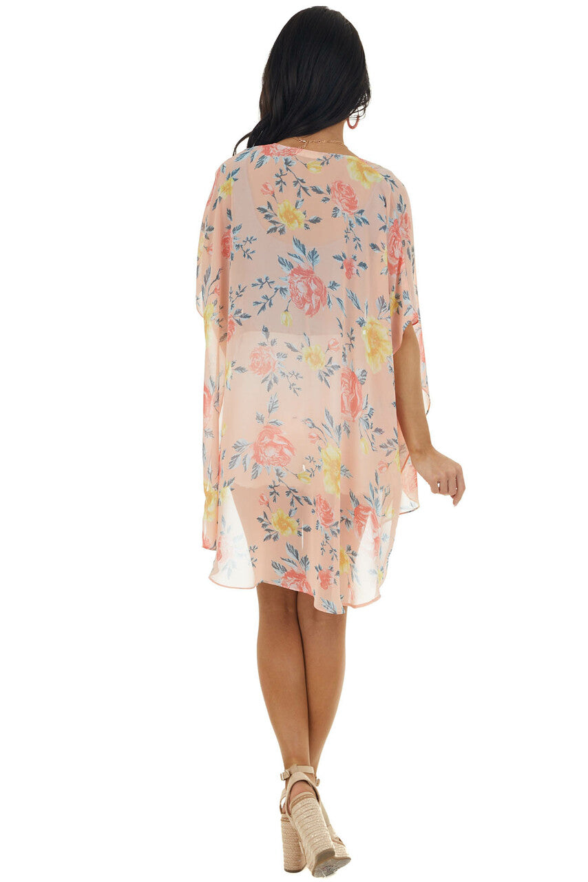 Pale Coral Floral Print Lightweight Flowy Chiffon Kimono 