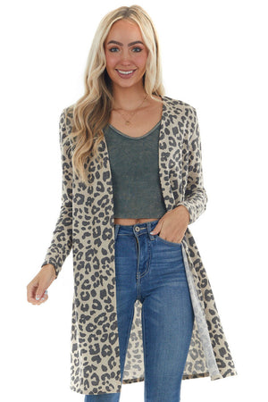 Sand Leopard Print Open Front Knit Cardigan