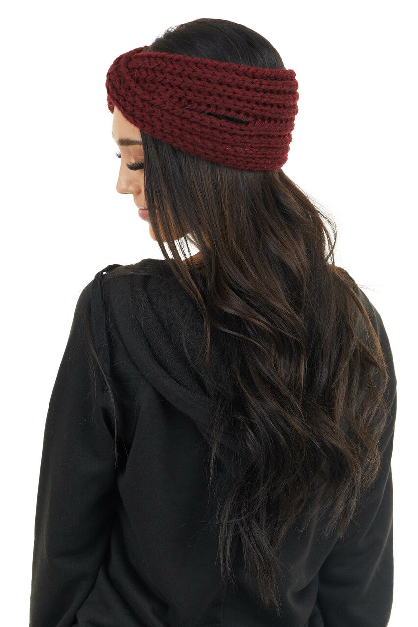 Burgundy Crochet Knit Headband with Front Criss Cross Detail