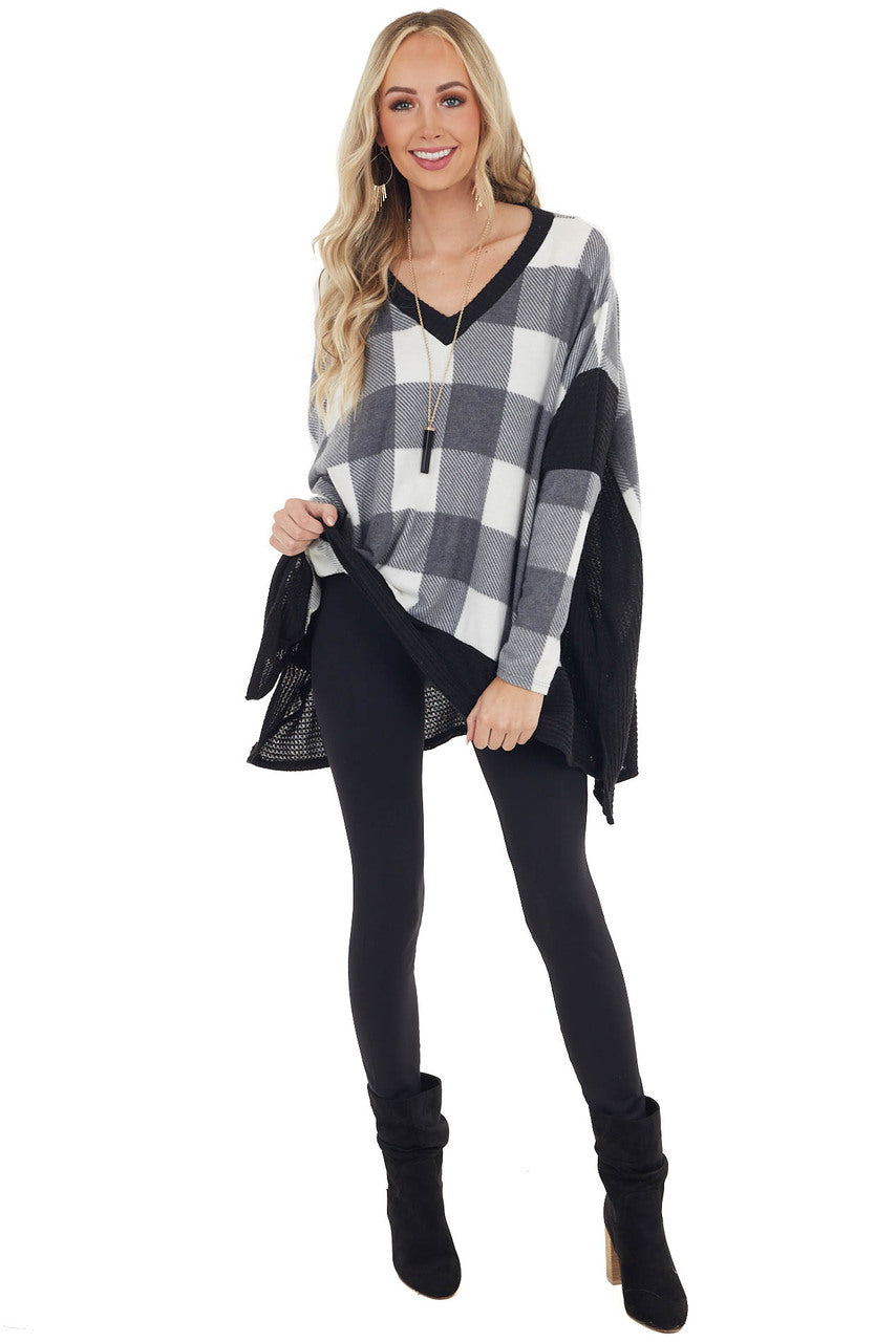 Charcoal Buffalo Plaid Oversized Dolman Sleeve Knit Top 