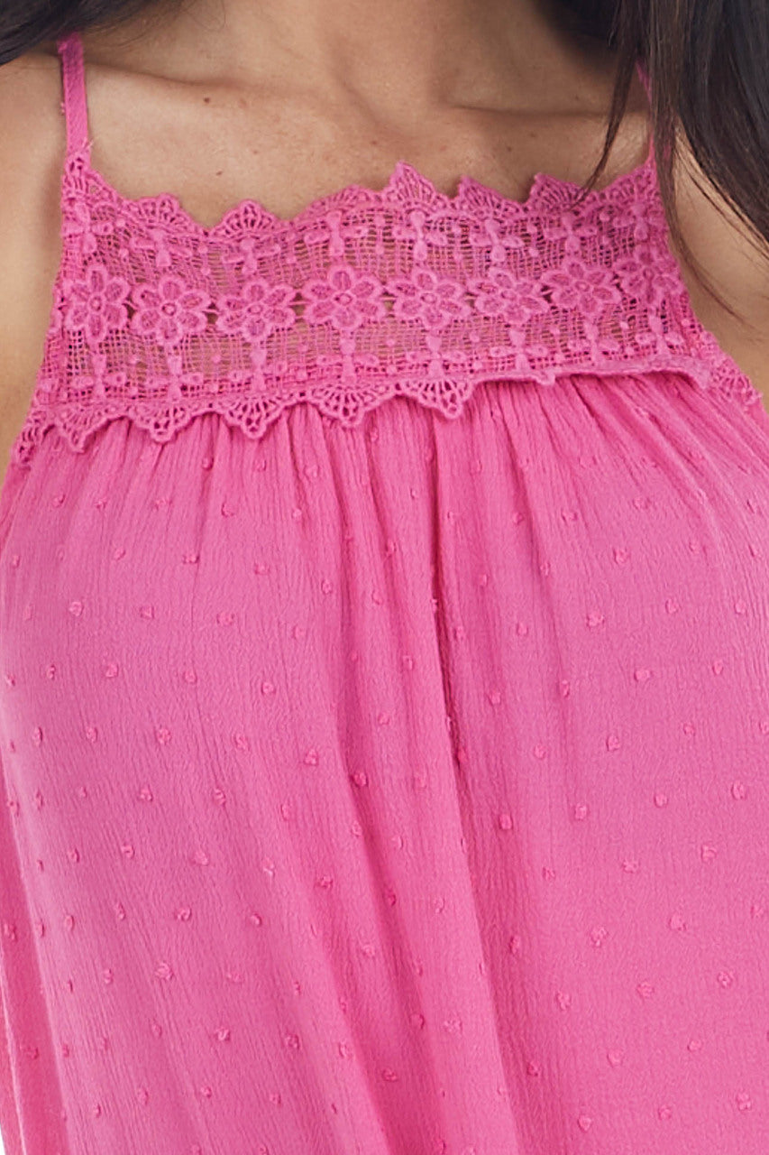 Hot Pink Swiss Dot Tank Top with Floral Crocheted Lace Neck