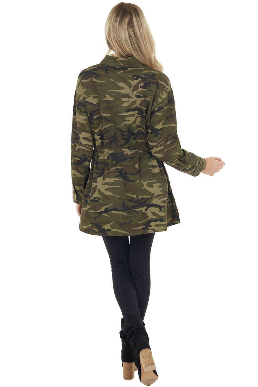 Olive Camo Print Long Sleeve Cargo Jacket with Tie Waist