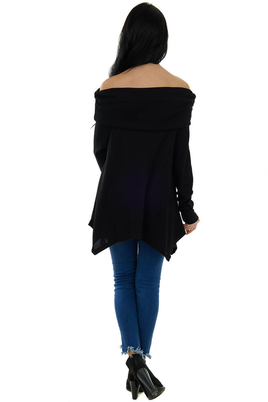 Black Thermal Knit Folded Off Shoulder Top 