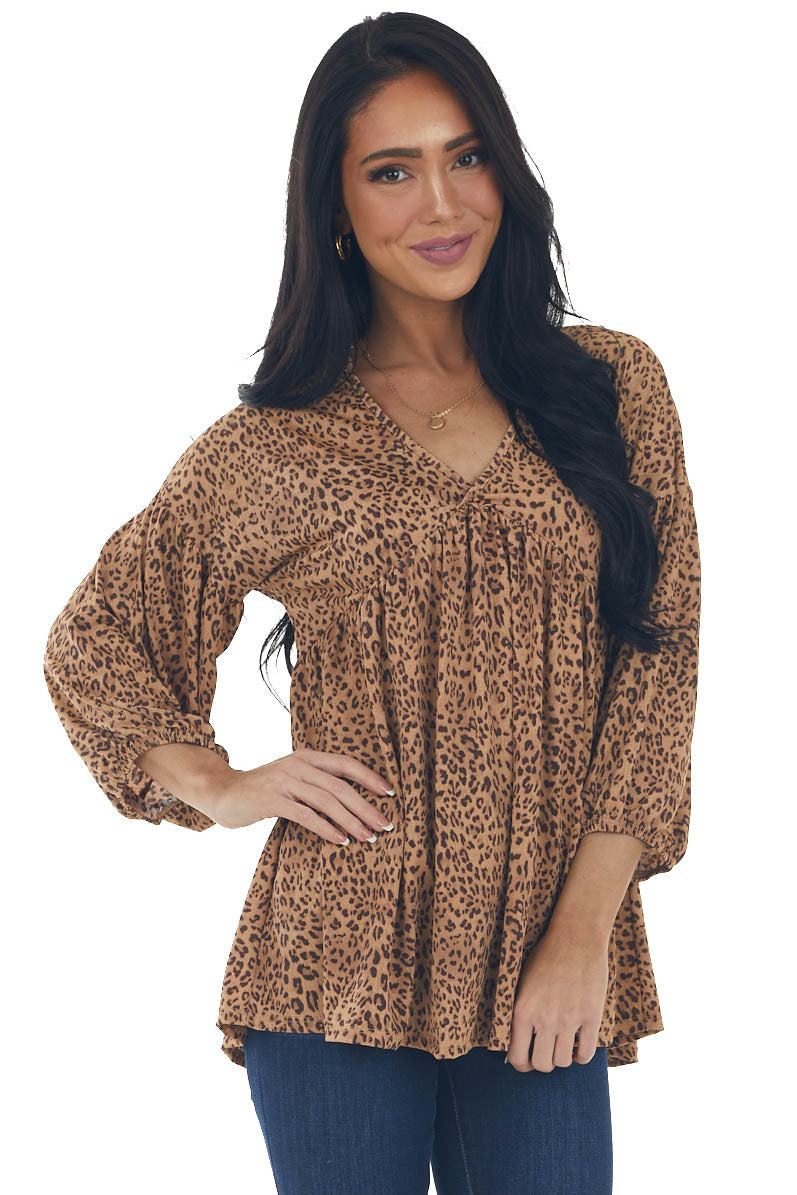 Copper Leopard Print V Neck Babydoll Knit Top 