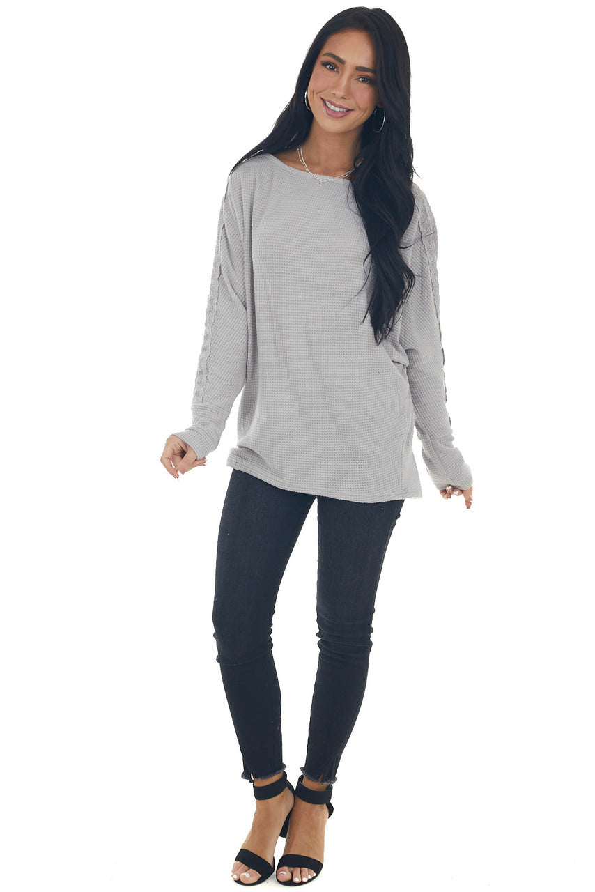 Dove Grey Waffle Knit Dolman Lace Sleeve Top 