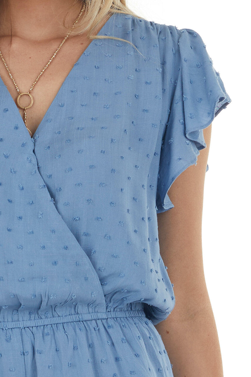 Slate Blue Surplice Neck Swiss Dot Romper
