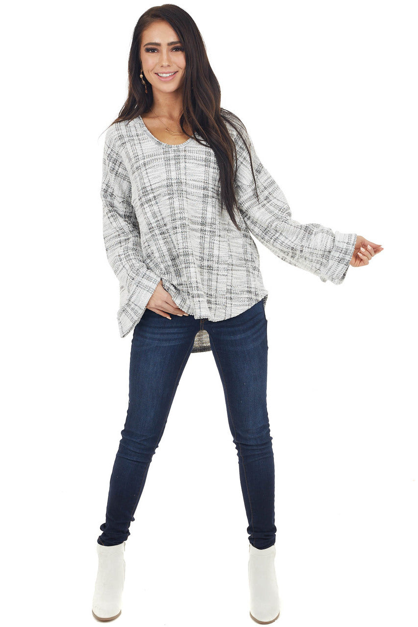 Black and Ivory Long Loose Sleeve Knit Top with Hood