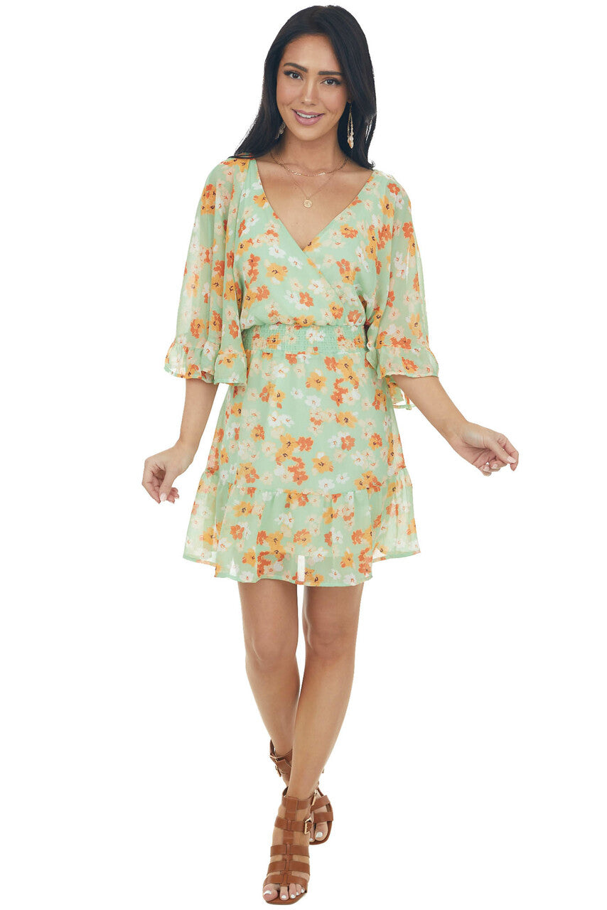 Pistachio and Floral Print Mini Dress