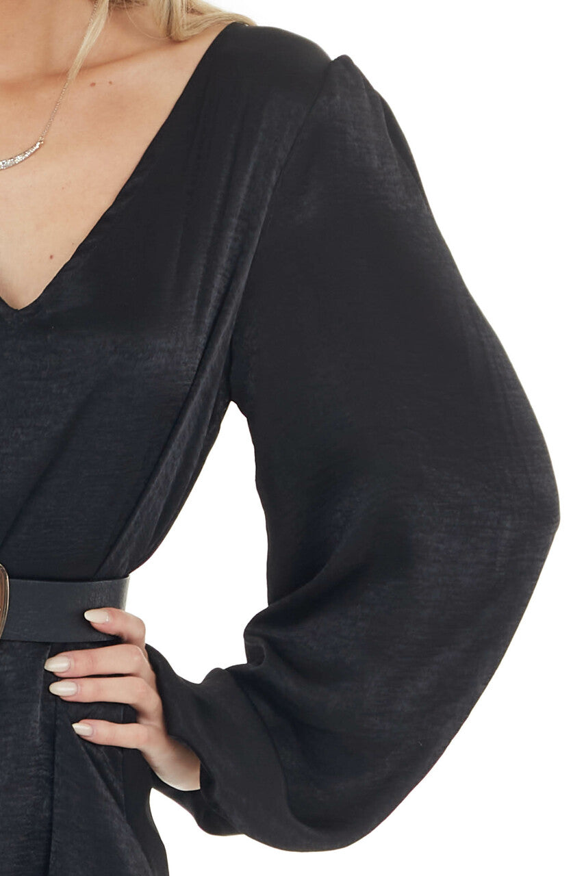 Black Satin Relaxed Fit Dress with Long Bubble Sleeves