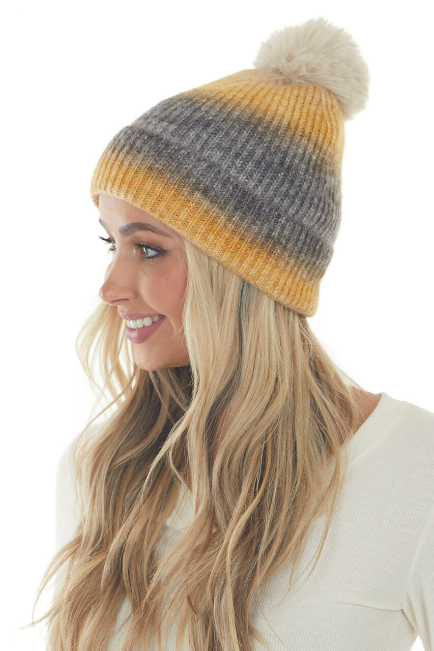 Amber Ombre Beanie with Faux Fur Pom Pom
