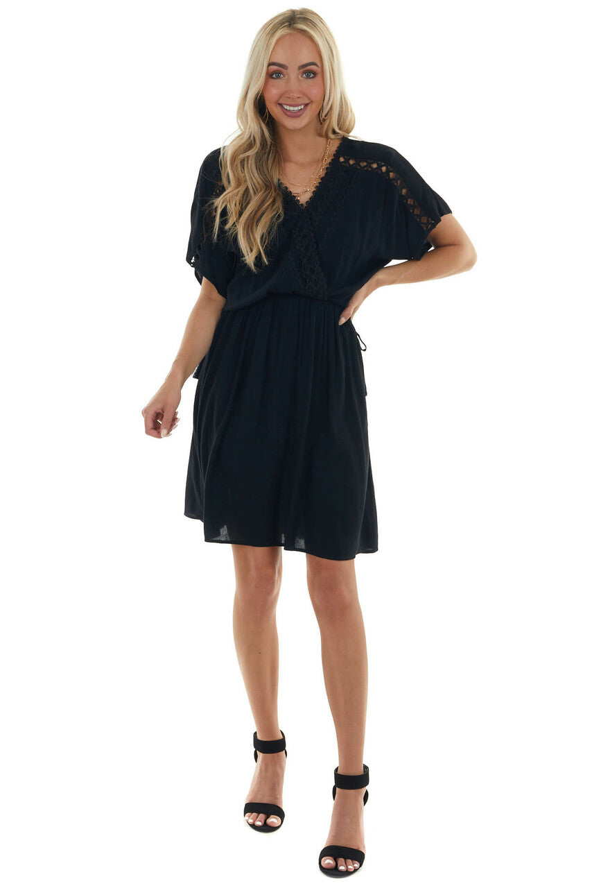 Black Crochet Lace Short Sleeve Surplice Dress