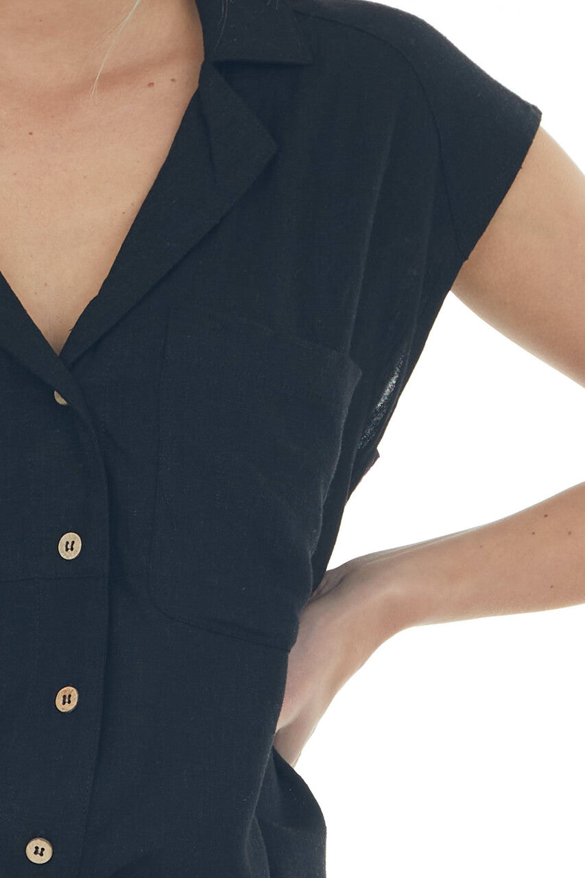 Black Linen Button Down Cap Sleeve Blouse