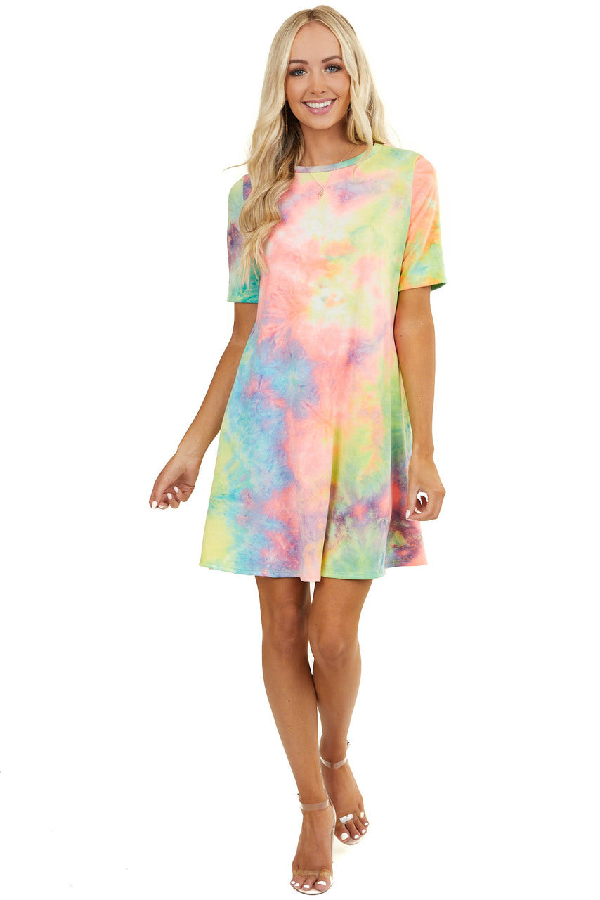 Multicolor Tie Dye Short Sleeve Dress with Side Pockets 
