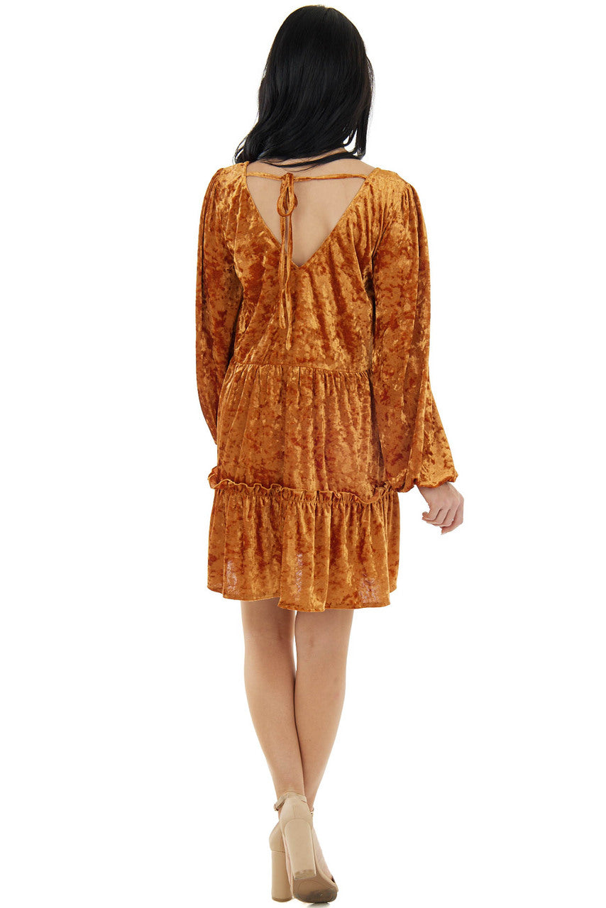 Caramel Crushed Velvet Long Sleeve Short Dress 