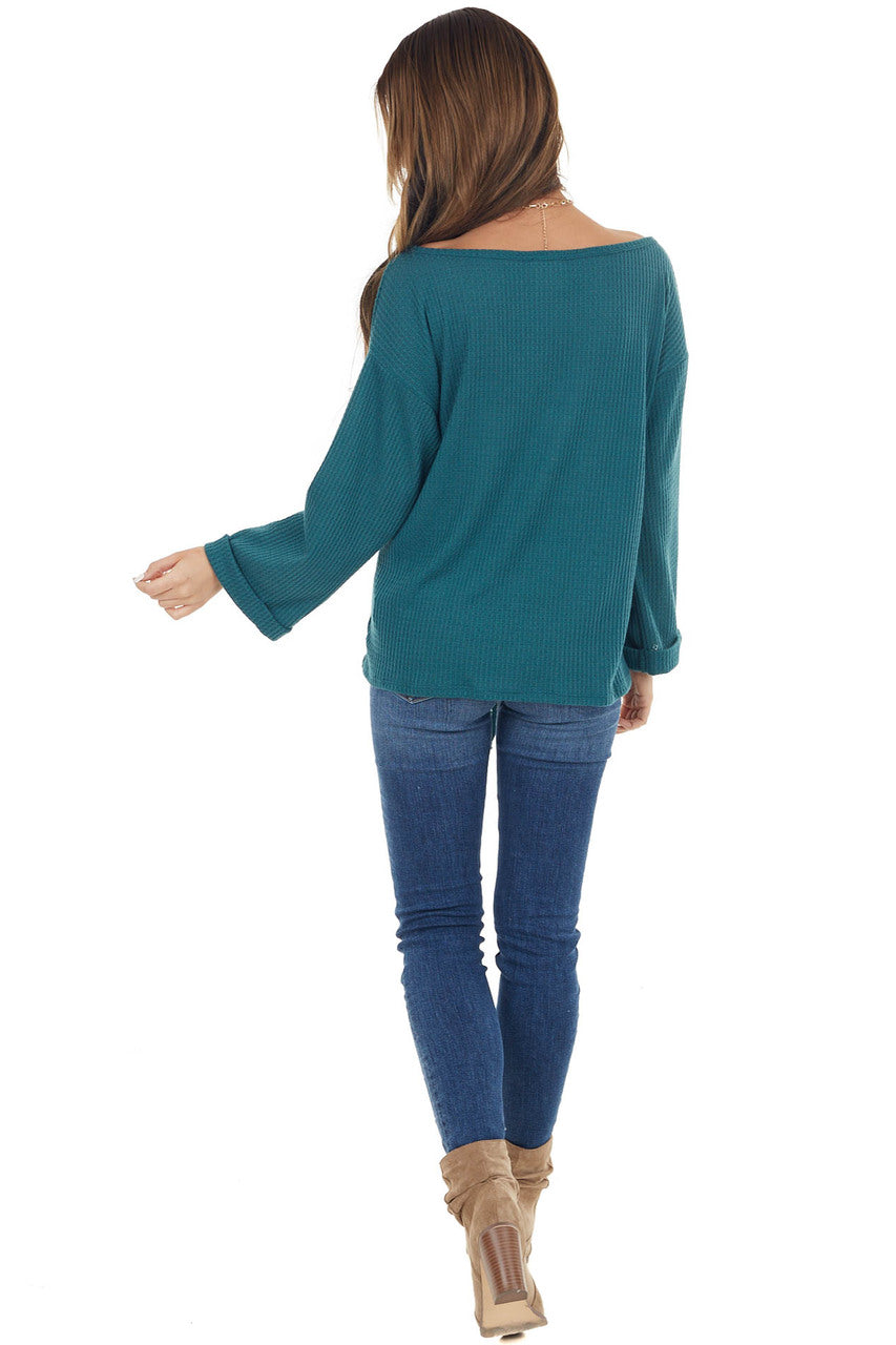 Pine Long Sleeve Waffle Knit Top with Front Tie Detail