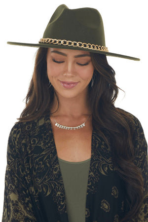 Army Green Wide Brim Felt Hat with Gold Chain