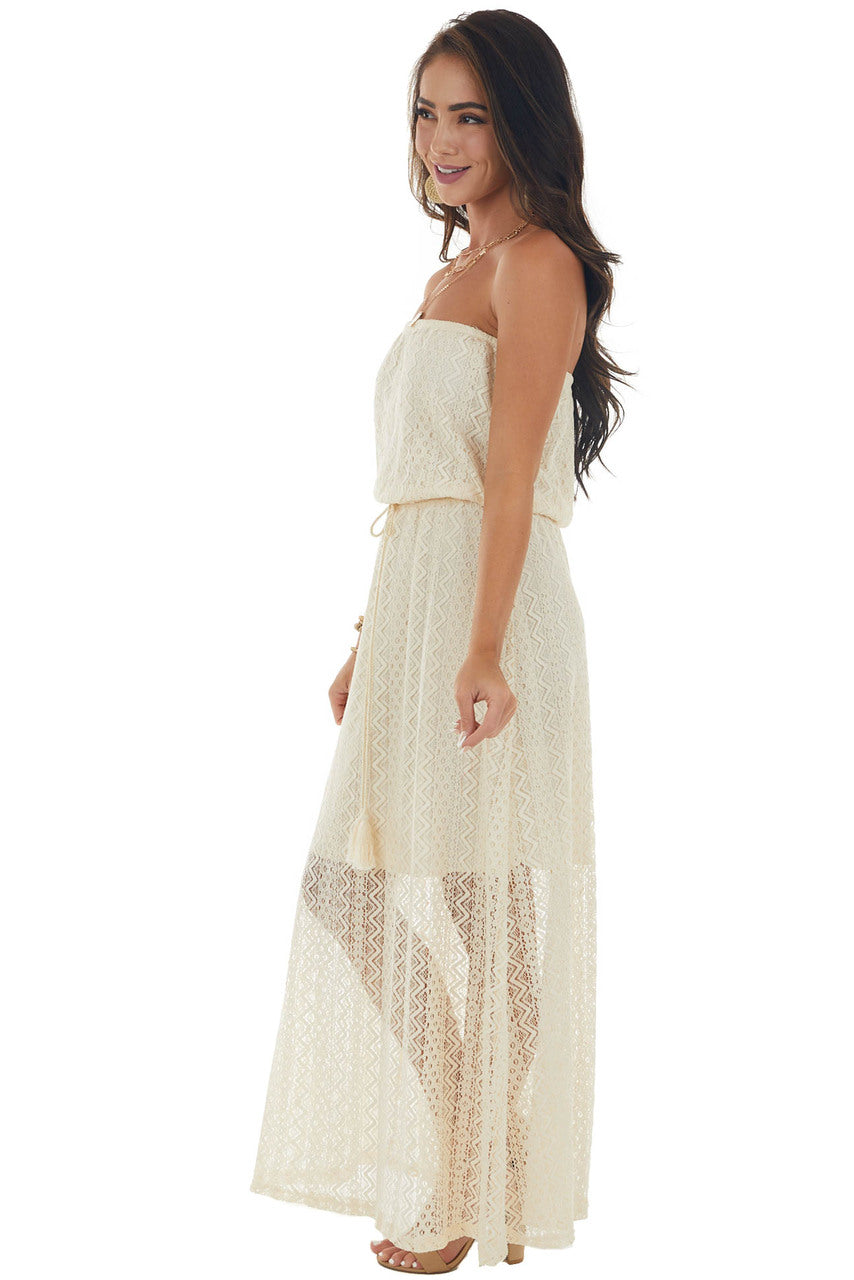 Champagne Strapless Front Tie Lace Maxi Dress 