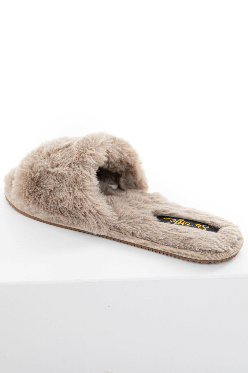 Taupe Fuzzy Faux Fur Slipper with Foam Sole
