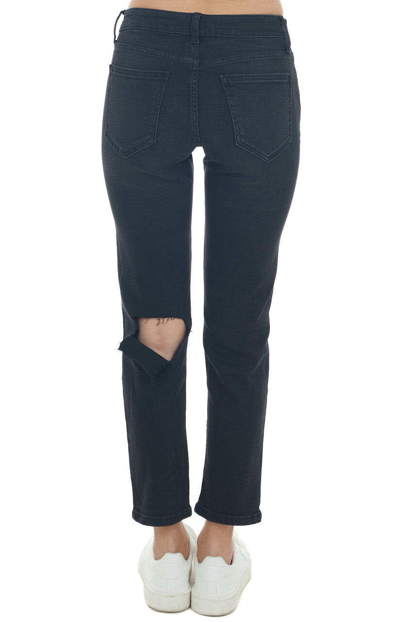 Black Mid Rise Slit Knee Boyfriend Jeans