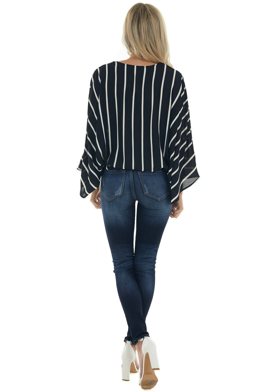 Black and Ivory Striped Surplice Neck Blouse