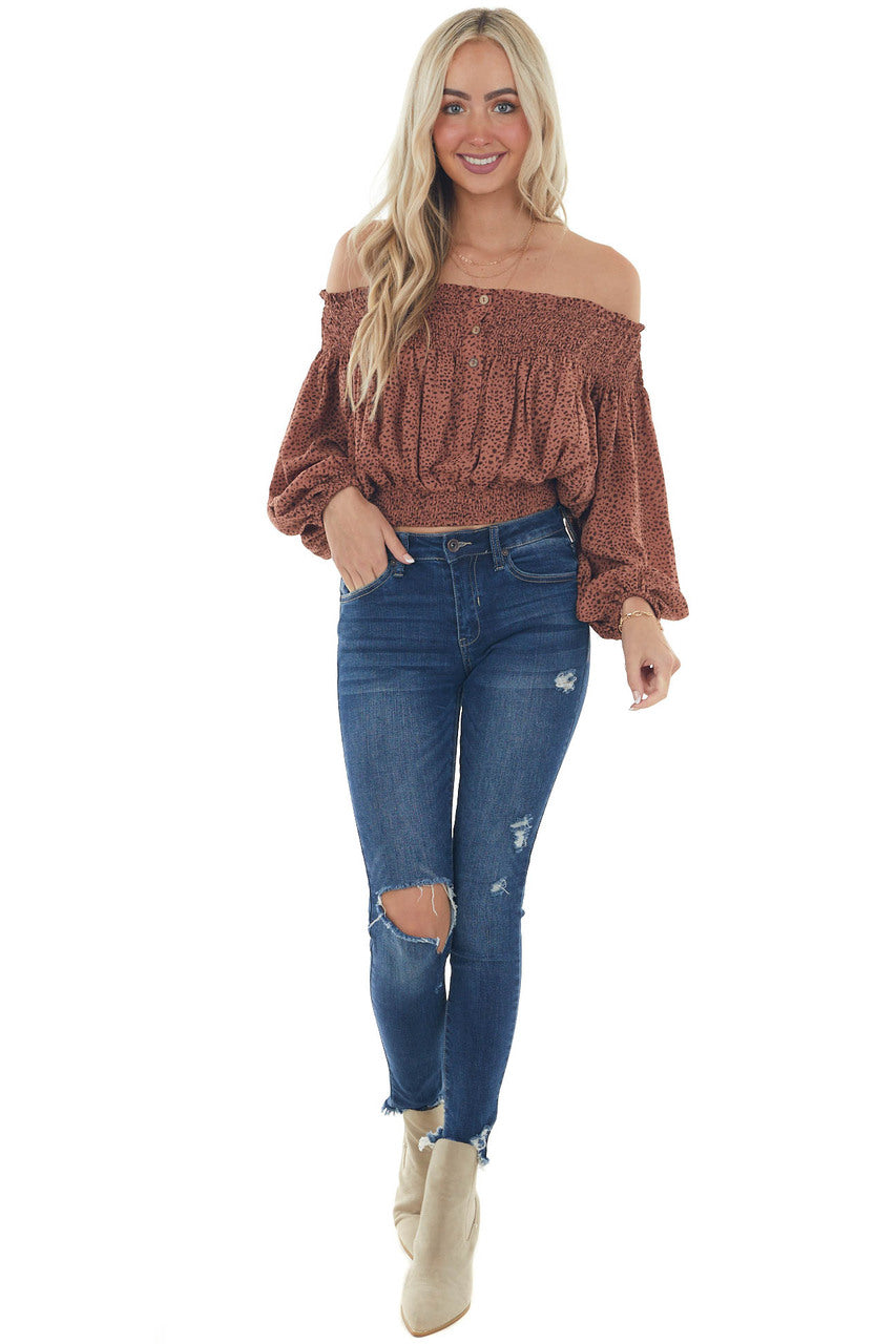 Chestnut Printed Smocked Off Shoulder Blouse