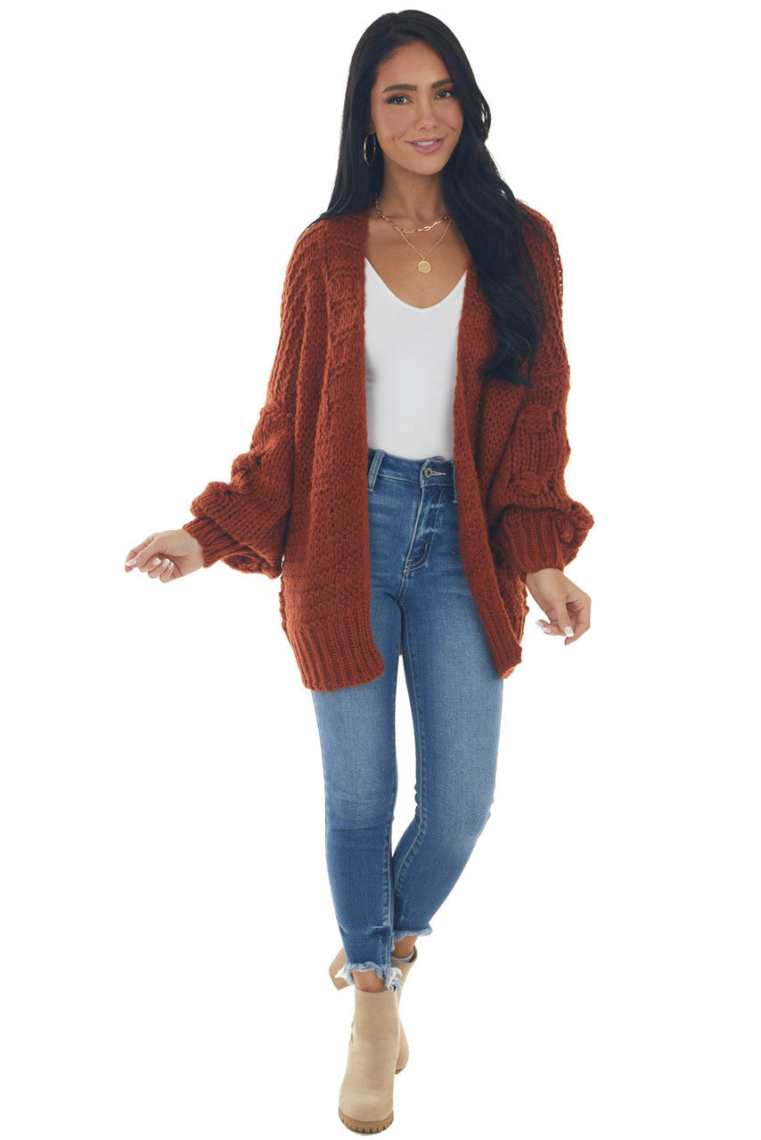 Rust Chunky Knit Cardigan with Long Sleeves