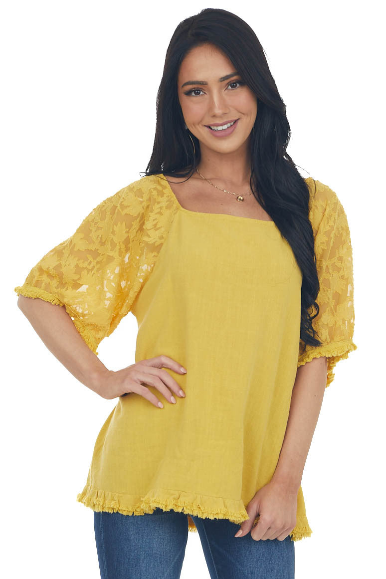 Mustard Floral Textured Mesh Sleeve Blouse