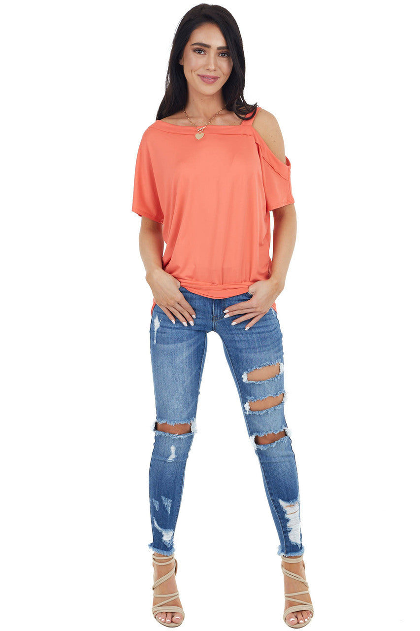Bright Coral Knit Tunic Top with Single Cold Shoulder 