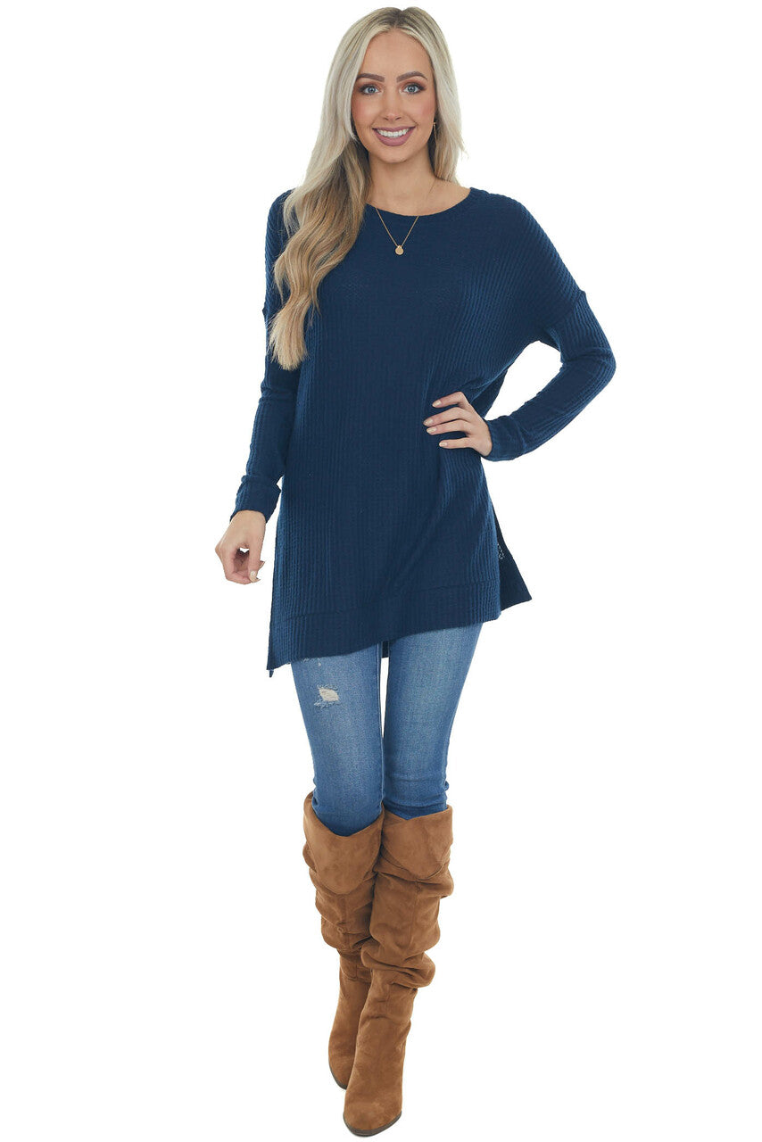 Navy Blue Tunic Length Brushed Waffle Knit Top