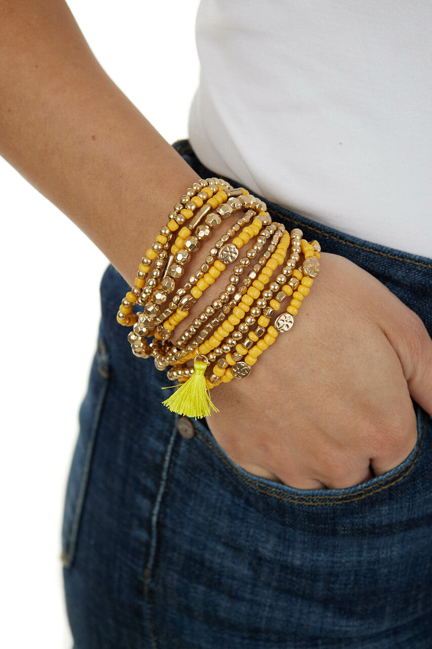 Amber and Gold 12 Piece Beaded Bracelet Set 