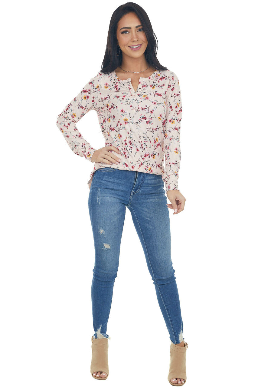 Blush Floral Print Notch Neck Ribbed Knit Top