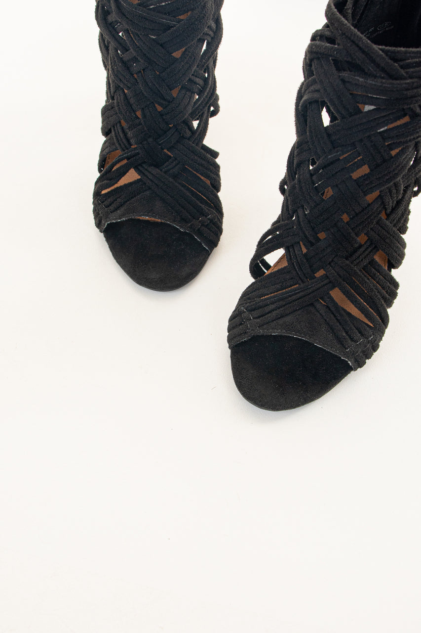 Black Faux Suede Strappy Sandal with Chunky Heel